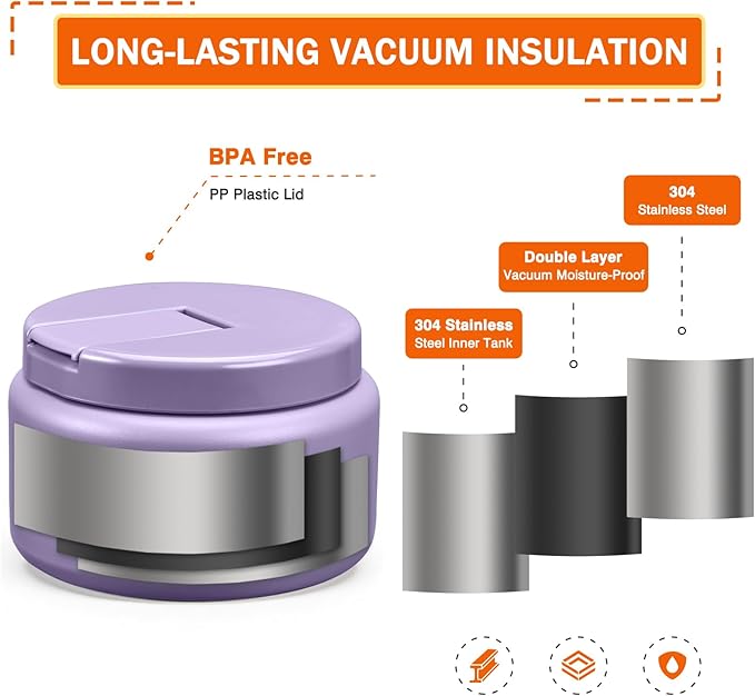 13.5oz Kids Jar for Hot Food, Insulated Vacuum Food Jar with Buckle Lid, Stainless Steel Wide Mouth Leak Proof Insulated Lunch Container for School Picnic Travel,Purple
