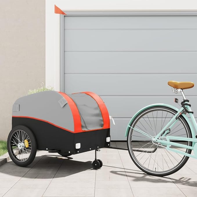 Bike Wagon Trailer, Bike Cart with Safety Flag, Bike Trailer Bicycle Cargo Trailer, Black and Orange 99.2 lb Iron, 26.8"x52.4"x26.8"