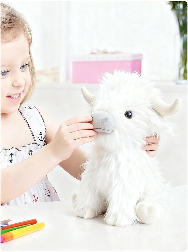 Highland Cow Fluffy Stuffed Animal, 10" Adorable Realistic Plush Toy Soft Cute Cow Plushie Home Decor Gift for Boys Girls Kids Teens Adults, White