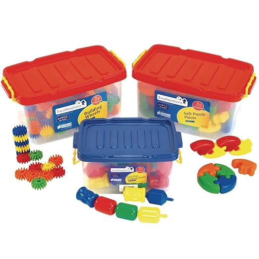Excellerations Construction Toys, STEM Building Toys, Blocks, Builders, Connection Toys, Ages 18 Months and up, Preschool Manipulatives 3 Different Sets in Storage Bins