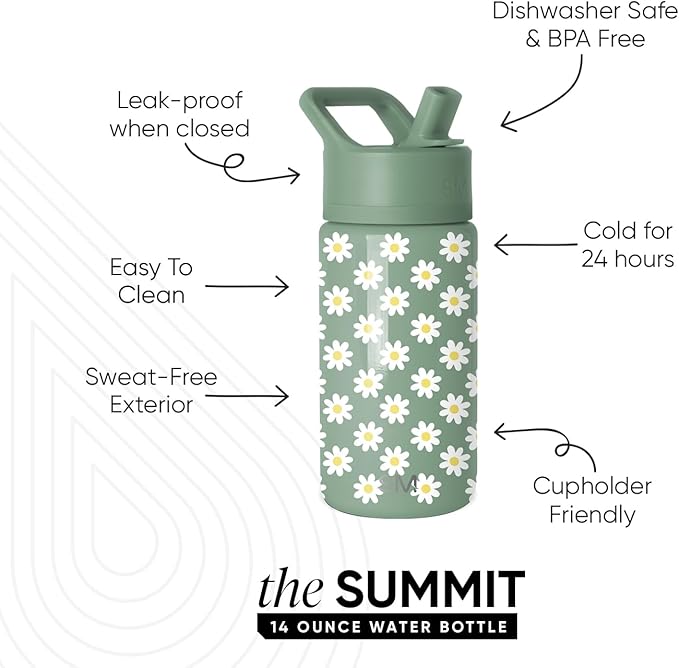 Simple Modern Kids Summit Water Bottle with Straw Lid | 14oz Stainless Steel Cup Insulated Tumbler for Toddlers, School | Sage Florals