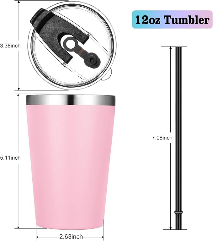 VEGOND 12oz Tumbler Stainless Steel Tumbler bulk Vacuum Insulated Double Wall Travel Tumbler with Lid and Straw Reusable Tumbler, Pink 6 Pack