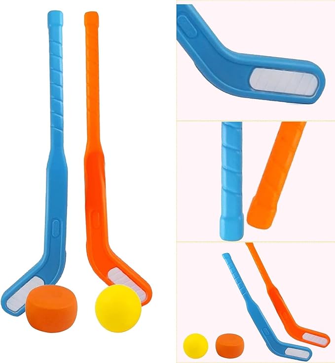 Kids Floor Hockey Stick Bulk Set - 29" Youth Indoor Toys Sports Starter Set with Large Plastic Pucks and Balls for Toddlers, Children (6 Pack)