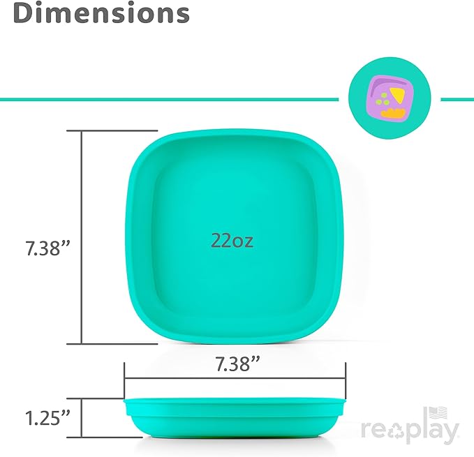 Re-Play Toddler Plates - 22 Oz. Deep-Walled Flat Kids Plates - Dishwasher & Microwave Safe - Made in USA - Set of 4-7.37" x 7.37" x 1.25" - Aqua Asst