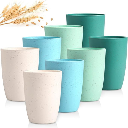 12 OZ Wheat Straw Cups Reusable Drinking Tumblers, Unbreakable Cups for Kitchen - BPA Free, Dishwasher Safe, Set of 8, Ombre Green