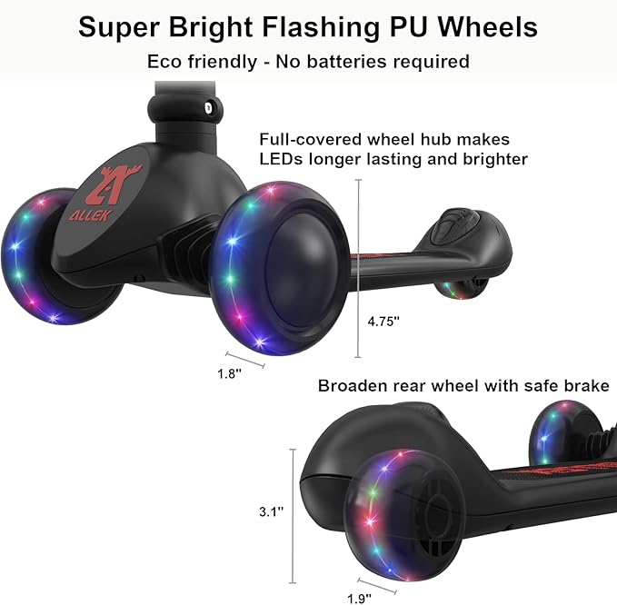 Allek Kick Scooter Foldable F02, 3-Wheel LED Flashing Glider and 4 Adjustable Height with Anti-Slip Thick Deck Push Scooter for Children 3-12yrs