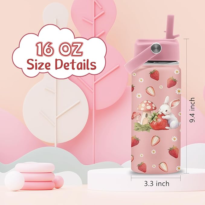 Bunny Gifts for Girls, Cute Water Bottle 16 oz Rabbits Strawberries Water Bottles with Straw Lid, Stainless Steel Insulated Tumbler, Cute Bunny Cup Gifts for Birthday Christmas