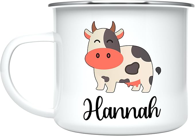 Personalized Mug for Kids, Boys, Girls | Customized Cocoa, Hot Chocolate, Coffee & Milk Cup | Custom Name Birthday Gift Party Favors | 11 Oz Stainless Steel Camping Mug Unbreakable | Cow