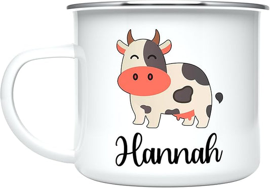 Personalized Mug for Kids, Boys, Girls | Customized Cocoa, Hot Chocolate, Coffee & Milk Cup | Custom Name Birthday Gift Party Favors | 11 Oz Stainless Steel Camping Mug Unbreakable | Cow