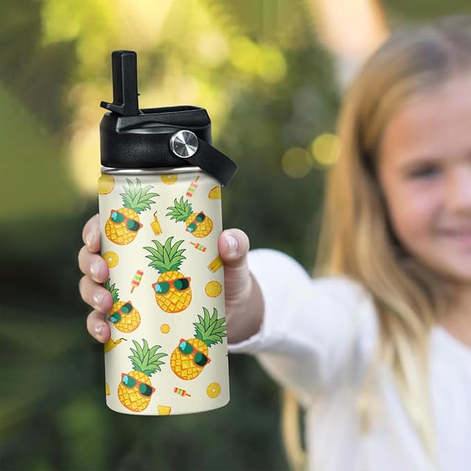 Kids Water Bottle Pineapple Water Bottles 12oz with Straw Insulated Stainless Steel Travel School Tumbler Double Wall Vacuum Cup for Girls Kid Boys