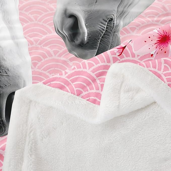 Horse Fleece Throw Blanket for Girls Boys Teens 3D Animal Theme Sherpa Blanket Kids Cherry Blossoms Plush Blanket Cute Pink Floral Room Decor Horse Lover Farmhouse Style Fuzzy Blanket Throw 50x60 Inch