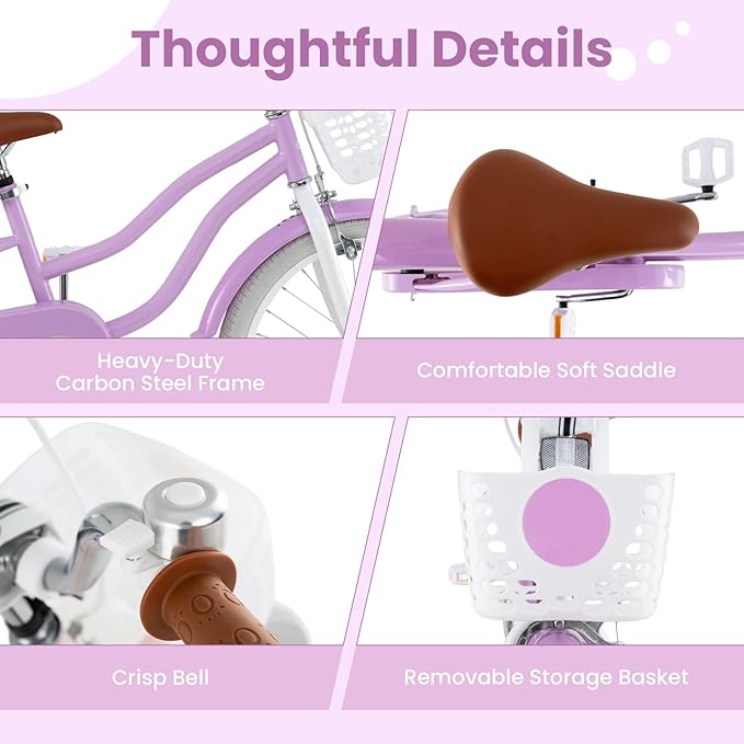 COSTWAY Kids Bike, 12 14 16 18 Inch Toddler Bike Children Bicycle w/Training Wheels, Hand & Coaster Brakes, Adjustable Saddle & Handlebar, Basket, Bell, Kids Bicycle for Girls Boys Aged 3-8 Years Old