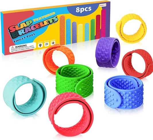 Sensory Fidget Toys Slap Bracelets: 8 Pack Textured Silicone Autism Toys for Kids, Calming Tool for Special Needs, Wearable Anxiety Relief Items for Adults, Office Desk, Travel, Classroom Must Haves