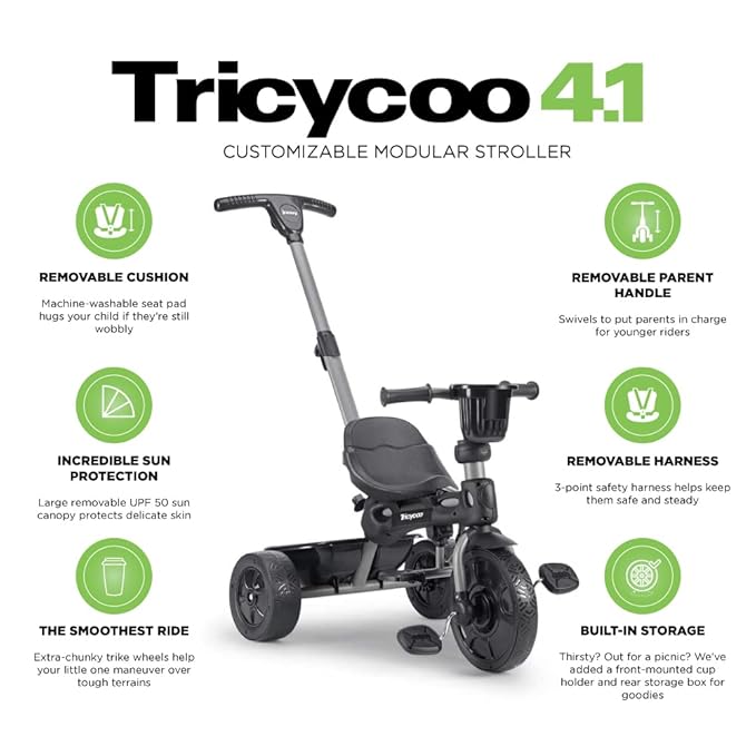 Joovy Tricycoo 4.1 Kids Tricycle with 4-Stages Featuring Extra-Wide Front Tire, Removable and Adjustable Parent Handle, Safety Harness, Machine-Washable Seat Pad, and Retractable Canopy (Black)