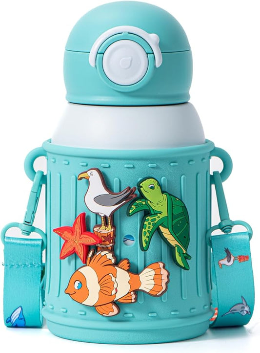 Kids Insulated Tumbler Set – 16 oz Stainless Steel Bottle with 2 Lids (Straw + Pour), Screw-On Cup, Adjustable Strap, Silicone Sleeve + 8 Charms – BPA-Free, Gift-Ready (Ocean Life)