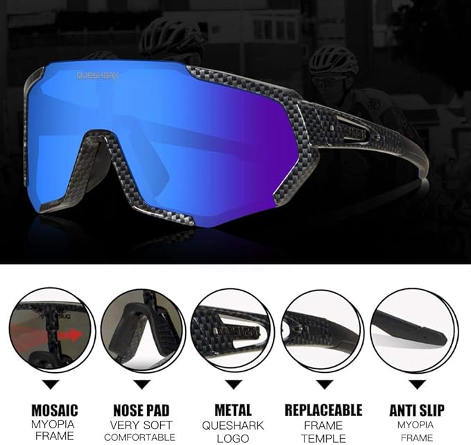Queshark Cycling Glasses, Sports Sunglasses for Men Women, 1 Polarized 2 HD Lens, Polarized Sunglasses for Cycling Running
