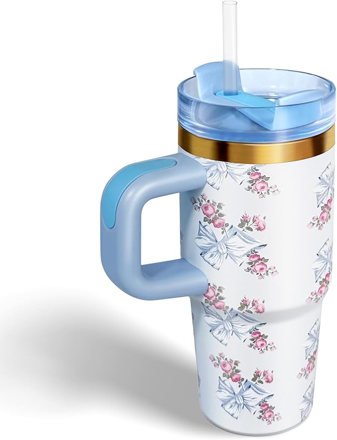 14 oz Tumbler with Handle and Straw, 14oz Toddler Tumbler with Lid and Straw for Kids Stainless Steel Tumblers, Outdoor Sports Travel School Gift, Keeps Drinks Cold up to 24 Hrs(Blue bow)