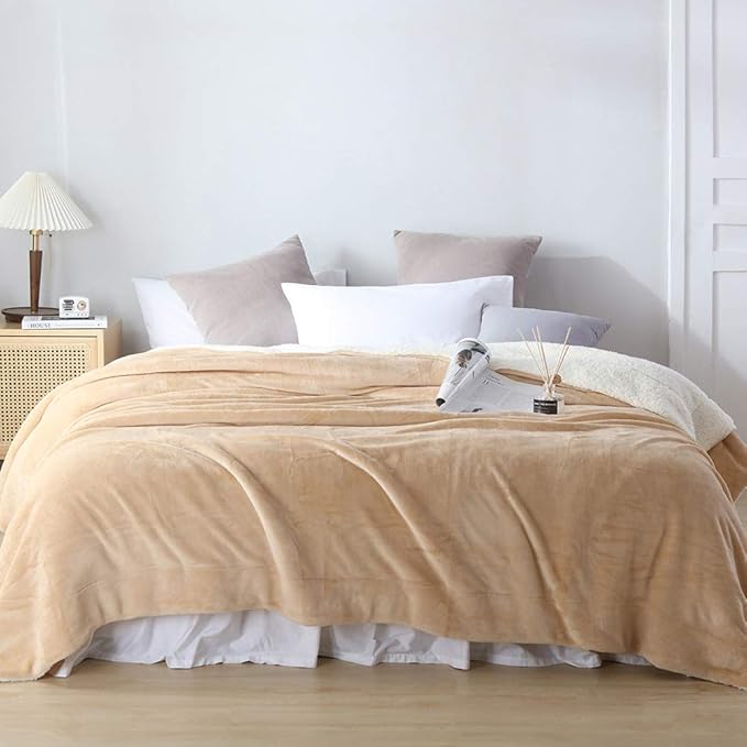 NANPIPER Bed Blanket Reversible Sherpa Flannel Blanket Super Soft Fuzzy Plush Fleece Microfiber (90"x90" Beige) Queen