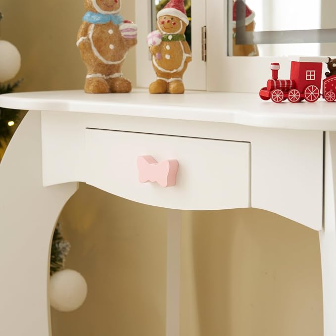 Kids Vanity Table and Chair Set, Girls Vanity Set with Mirror & 3-Color LED Lights, Pretend Play Kids Vanity with Drawer & Cute Bow Print, Makeup Dressing Princess Table for Girls, White