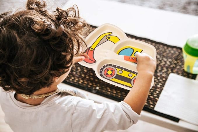 Kids Plates - 3-Piece Bamboo Toddler Plates Dinnerware Set - Divided Plate, Baby Spoon & Fork - Teaches Portion Control