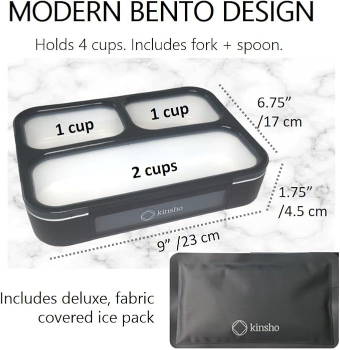Bento Box with Insulated Lunch Bag and Ice Pack for Kids Container for Adults Snacks and Lunches. 3 Compartments, Leak-Resistant Portion Boxes Japanese Style for School or Work, Black with Red Trim