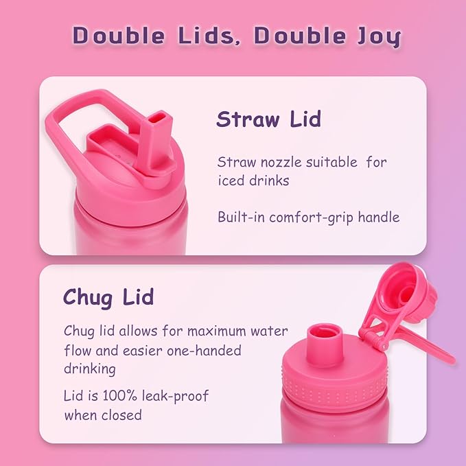 Mininoo Insulated Kids Water Bottle, 12 oz Stainless Steel Water Bottle Kids with Straw Lid and Chug Lid for Girls, Boys (Punch/Purple)