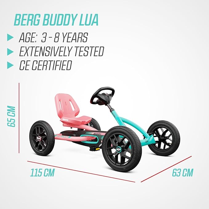 Berg Toys Buddy Lua Pedal Go Kart for Kids and Adults – Adjustable Ride On Toy for Ages 4-8 – Go Karts with BFR System, Adults Outdoor Pedal Car for Kids (Multi)