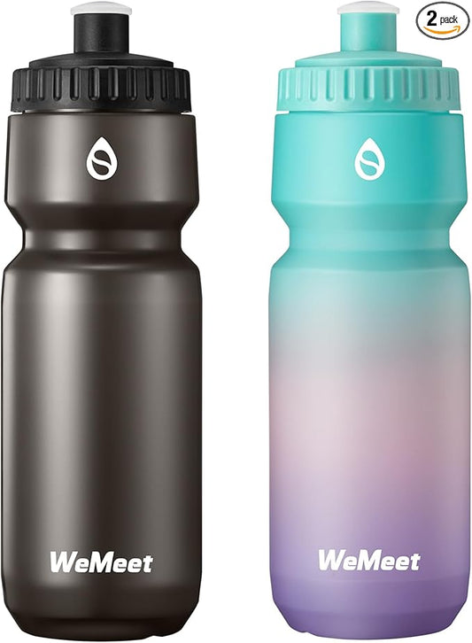 Lightweight Bike Water Bottle 24oz, BPA Free, Cycling Squeeze Bottle, Leak Proof Sport Water Bottle with Capacity Scale, for Cycling, Gym (Black & Green Pink Purple, 2 Pack)