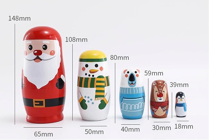 Christmas Cartoon Animals Nesting Dolls Wooden Matryoshka Russian Doll Handmade Stacking Toy Set 5 Pieces for Kids