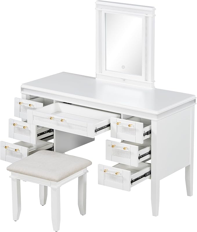 LUMISOL Makeup Vanity Desk with Mirror and Lights, 3 Lighting Modes, 48" Vanity Table with 7 Bamboo Weave Drawers, Dressing Table Set with Cushioned Stool, Light Beige