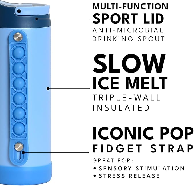 Elemental Iconic Kids Water Bottle for School - 100% Leak-Proof Insulated Water Bottles with Straw Lid & Pop-It Handle for Boys & Girls - Triple-Wall Insulated & BPA-Free, 14oz – Ocean Blue