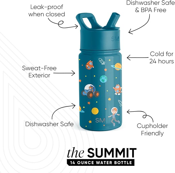 Simple Modern Kids Summit Water Bottle with Straw Lid | Blippi 14oz Stainless Steel Cup Insulated Tumbler for Toddlers, School | Blippi Space