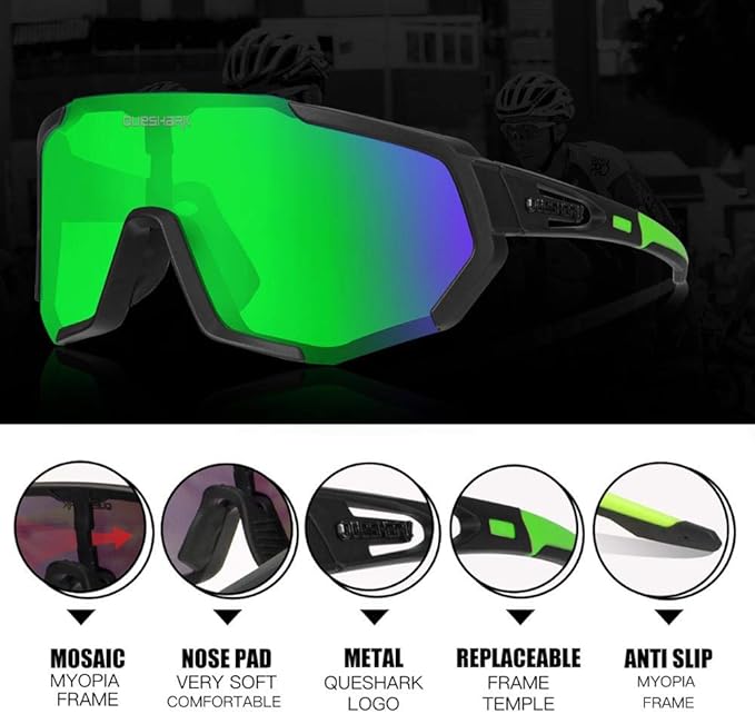 Queshark Cycling Glasses, Sports Sunglasses for Men Women, 1 Polarized 2 HD Lens, Polarized Sunglasses for Cycling Running