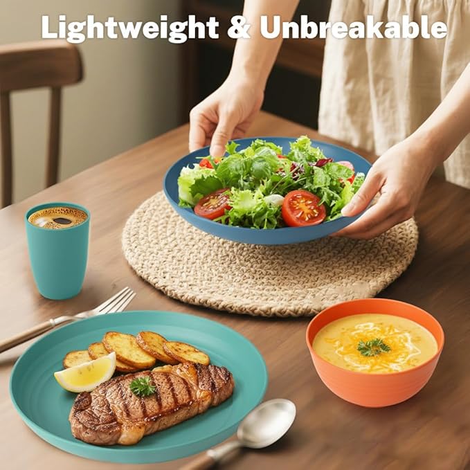 Wheat Straw Dinnerware Sets for 8, Unbreakable Plates and Bowls Sets for 8, 32-Piece Dishes Set, Microwave Safe Plastic Plates Reusable, Cups and Bowls Sets for Kitchen, Outdoor - Multi