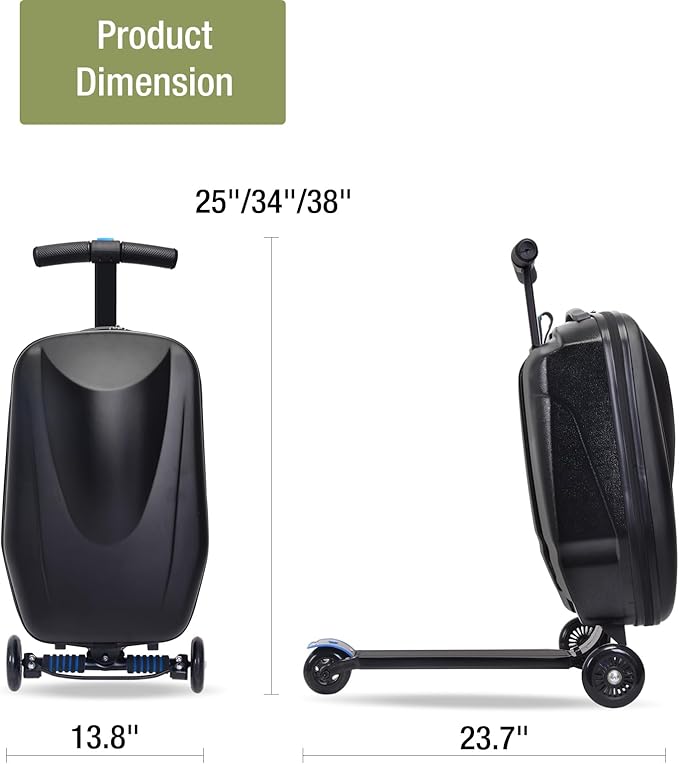20" Scooter Suitcase for Kids, 2-in-1 Ride On Luggage with Wheels for Boys & Girls Ages 4-15, Foldable Hardshell Carry On Lightweight Travel Suitcase for Airplane
