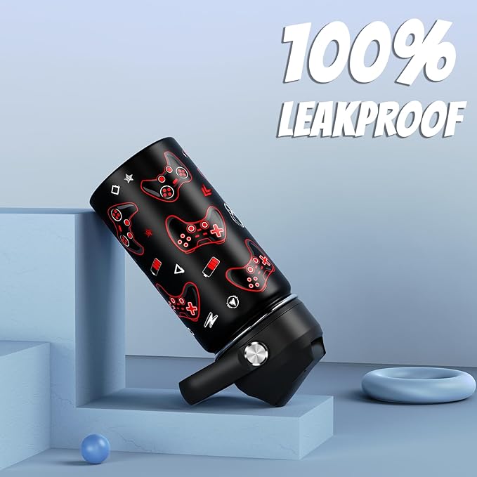 14oz Kids Insulated Water Bottle with Straw Lid - 18/8 Stainless Steel Kid Cup Travel Tumbler Double Wall Vacuum Leak Proof Portable Toddler Water Bottle (Game Blue+Red）