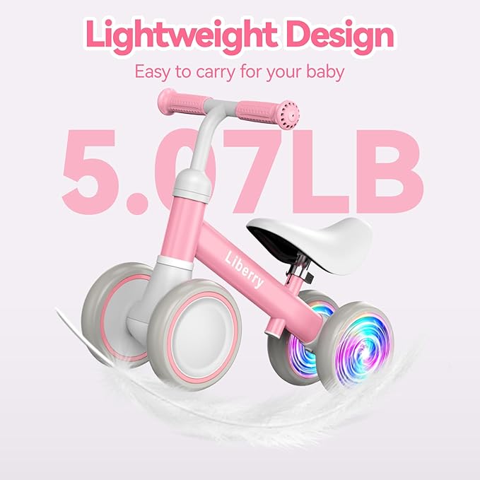 Liberry Light-Up Baby Balance Bike with Adjustable Seat, Toddler First Ride-On Toy for 1-2 Year Old, Girls Christmas & Birthday Gift