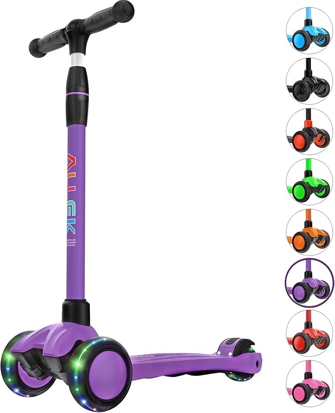 Allek Kick Scooter B03, Lean 'N Glide 3-Wheeled Push Scooter with Extra Wide PU Light-Up Wheels, Any Height Adjustable Handlebar and Strong Thick Deck for Children from 3-12yrs (Purple)