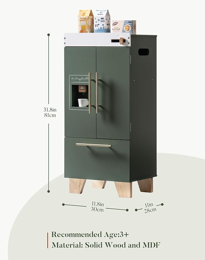ROBOTIME Wooden Toy Fridge - Play Kitchen Set with Accessories, Kitchen Playset Interactive Refrigerator for Pretend Play Fridge for Kids, Toddler Kitchen Appliance (Vintage Green)