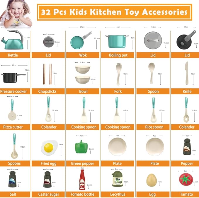 Bruvoalon 32Pcs Kids Play Kitchen Toys Set, Toddlers Pretend Cooking Playset Acccessories with Pots Pans, Utensils Cookware, Foods, Canned Veges, Learning Gift for Kids Girls Boys (Green)
