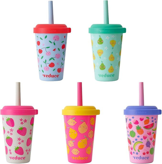 REDUCE GoGo's Kids Portable Tumbler Cups with Lids and Spill-Proof Straws - 5 Pack of Stackable 12 oz Tumblers with Twist-On Lids - Easy Storage, Dishwasher Safe - Fruity Cutie