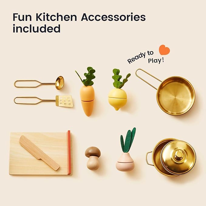 Tiny Land Play Kitchen, Kids Kitchen Playset, Toddler Kitchen with Cutting Food Set, Wooden Kitchen Sets for Kids, Best Gift for Girls and Boys