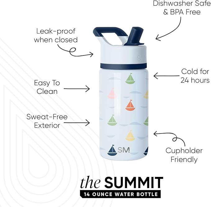 Simple Modern Kids Summit Water Bottle with Straw Lid | 14oz Stainless Steel Cup Insulated Tumbler Tumbler for Boys, Girls, School | Ships at Sea