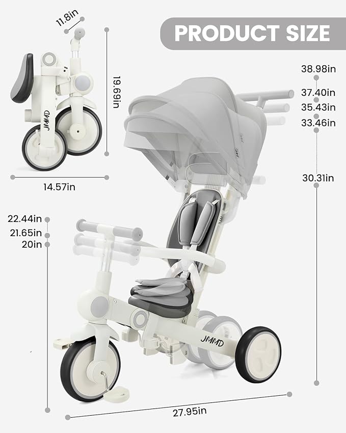 JMMD Baby Tricycle, 7-in-1 Multifunctional Kids Trike with Adjustable Parent Handle, Safety Harness & Wheel Brakes, Removable Canopy, Stroll Trike for Boys & Girls Ages 18 Months-5 Years, Gray