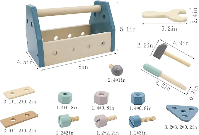 Montessori Wooden Tools Toddler Educational Construction Kids Toys Sets Play Box Preschool Play Tool（Blue）