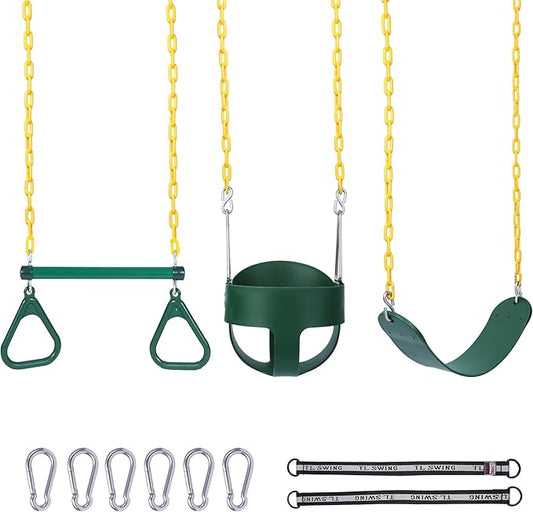 RedSwing Trapeze Swings Bar with Rings, Belt Swing Seat and Bucket Swings Combo Pack (Triangle and Chain Dip) for Kids Outdoor with 57-86" Rope,High Back Toddler Bucket Seat, Green