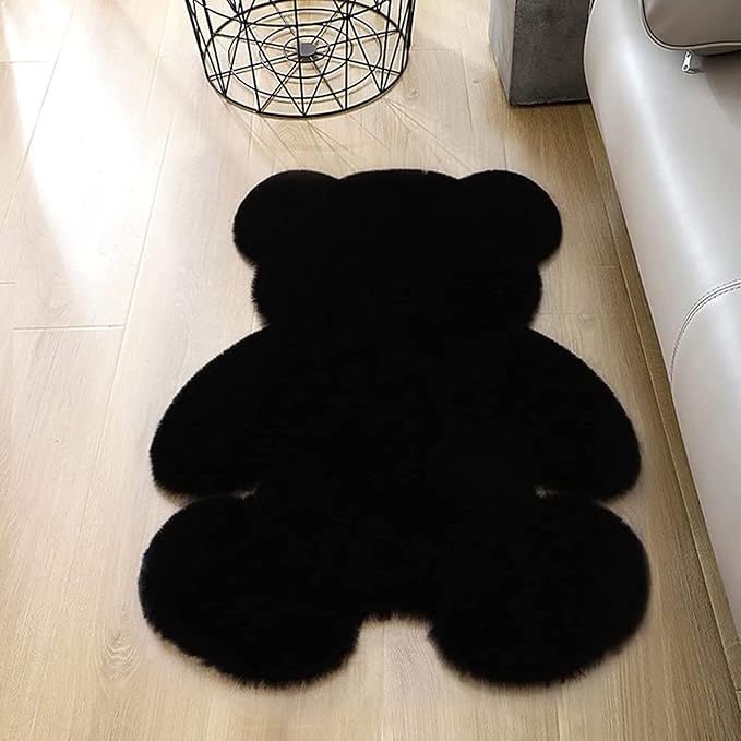 3x3.9ft Black Small Bear Shaggy Rug, Soft Fluffy Faux Sheepskin Fur Rug Fuzzy Shag Area Rug Cute Plush Carpet for Nursery Kids Girls Bedroom Room Aesthetic Living Room Floor Home Decor, Black