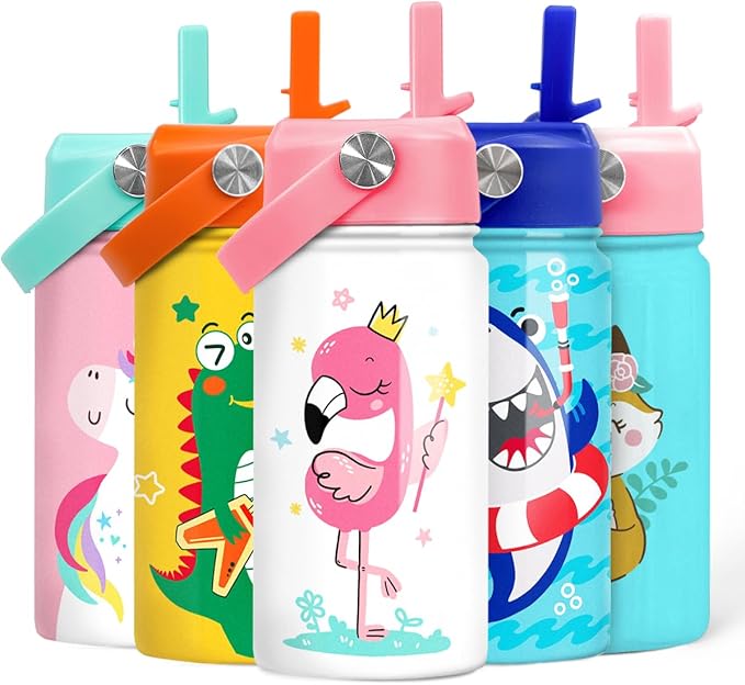 Flamingo Water Bottle - Kids Water Bottle with Straw Lid - 12 Oz Insulated Stainless Steel Water Bottles for Kid Girls - Travel Cup for School Sports
