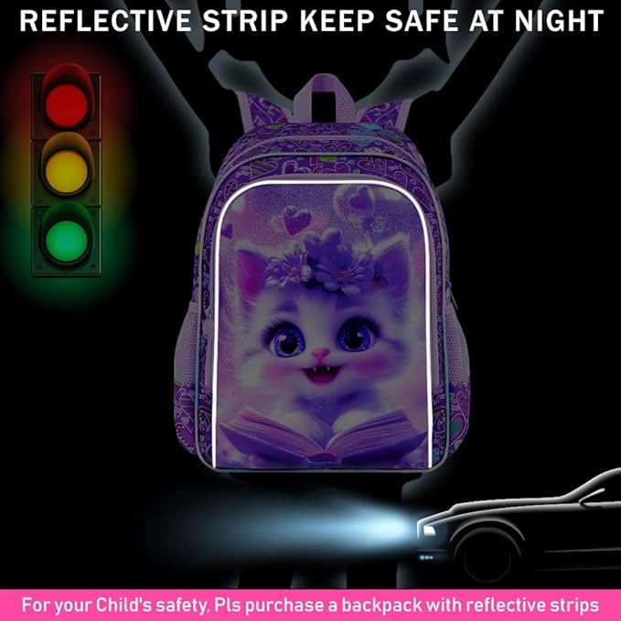 CCJPX 3Pcs Cat Backpack for Girls, 16” Kids Bookbag with Lunch Box, Water Resistant Elementary School Bag for Kindergarten Preschool Toddler (Purple)