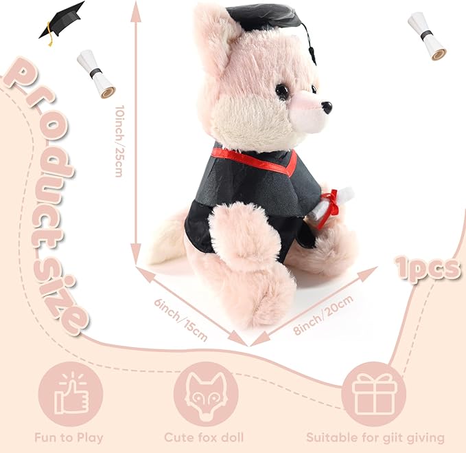 Graduation Gifts Fox Stuffed Animal - 10" Cute Fox Plush Toy with Graduation Cap, Gown & Diploma, Inspirational Keepsake for Elementary, High School & College Graduates